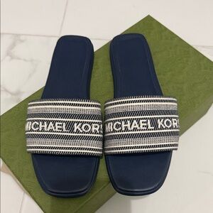 Michael Kors Blue and White Slide Sandals